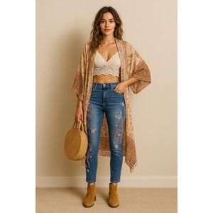 AZI New York‎ Women's 8 Embroidered Beaded Rhinestone Floral Boho Jeans Denim